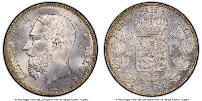 Leopold II 5 Francs 1875 MS65 PCGS, Brussels mint, KM24. A more ubiquitous type ...