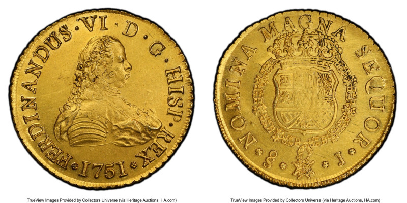 Ferdinand VI gold 8 Escudos 1751 So-J UNC Details (Cleaned) PCGS, Santiago mint,...