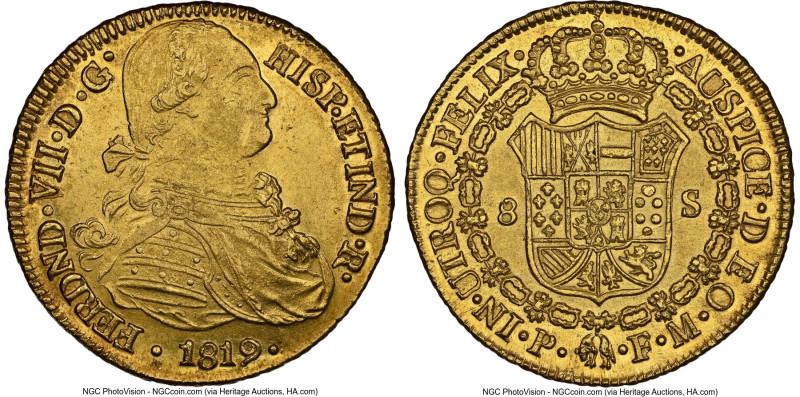 Ferdinand VII gold 8 Escudos 1819 P-FM MS63 NGC, Popayan mint, KM66.2, Cal-1824,...