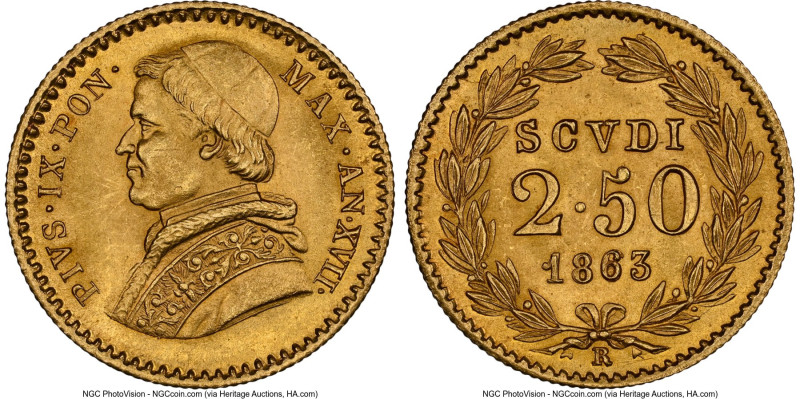 Papal States. Pius IX gold 2-1/2 Scudi Anno XVII 1863-R MS66+ NGC, Rome mint, KM...