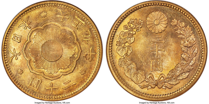 Taisho gold 20 Yen Year 9 (1920) MS65 NGC, KM-Y40.2, JNDA 01-6. The last year of...