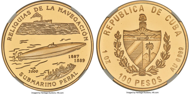 Republic gold Proof "Peral Submarine" 100 Pesos (1 oz) 2000 PR69 Ultra Cameo NGC...