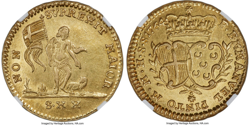 Emmanuel Pinto gold 20 Scudi 1764 MS62 NGC, KM275, Fr-35. A challenging and some...