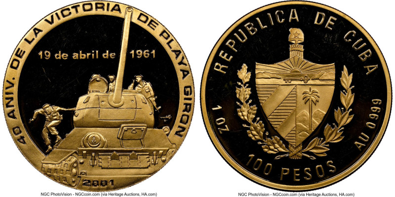 Republic gold Proof "Playa Giron - 40th Anniversary" 100 Pesos (1 oz) 2001 PR64 ...