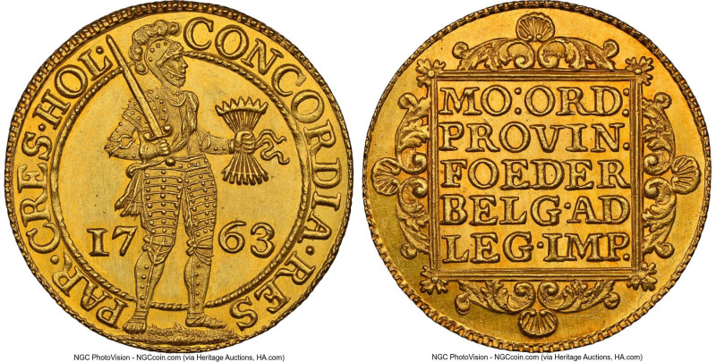 Holland. Provincial gold 2 Ducat 1763 MS62 NGC, KM47.2, Delm-775. 6.97gm. The fi...