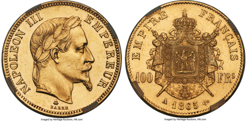 Napoleon III gold 100 Francs 1865-A, Paris mint, KM802.1, Gad-1136. Mintage: 1,5...