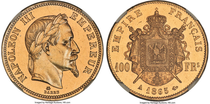 Napoleon III gold 100 Francs 1865-A MS63 NGC, Paris mint, KM802.1, Gad-1136. Min...