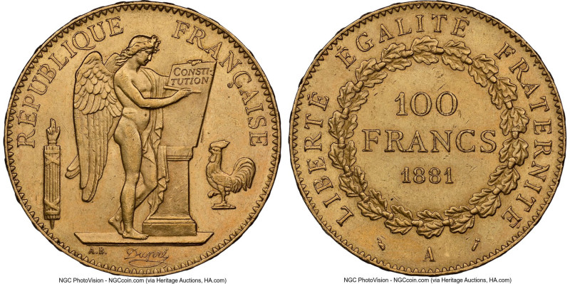 Republic gold 100 Francs 1881-A MS62+ NGC, Paris mint, KM832, Gad-1137. A lovely...