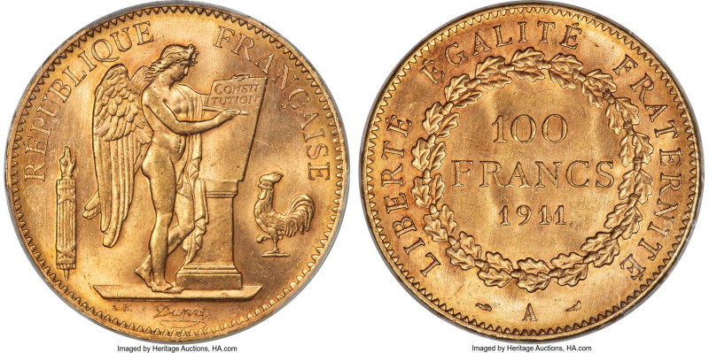 Republic gold 100 Francs 1911-A MS64 PCGS, Paris mint, KM858, Gad-1137a, F-553. ...