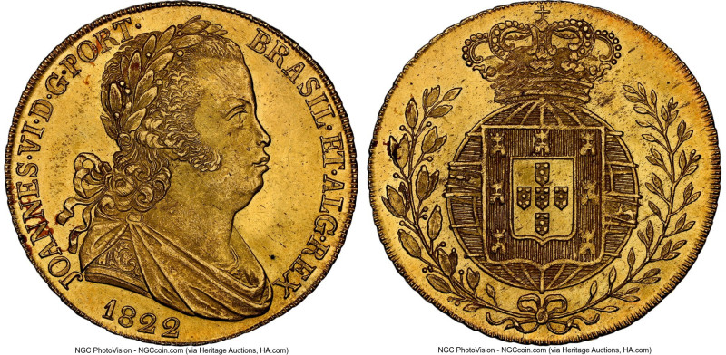 João VI gold 6400 Reis (Peça) 1822 MS64 NGC, Lisbon mint, KM364. The Choice fiel...