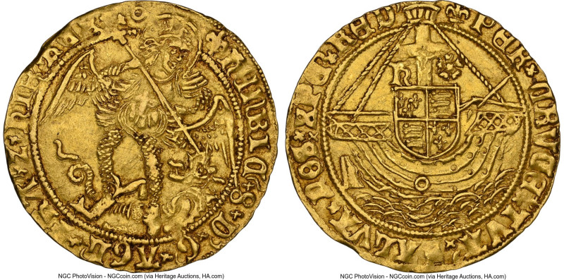 Henry VIII (1509-1547) gold Angel ND (1544-1547) AU55 NGC, Tower mint, Lis mm, T...