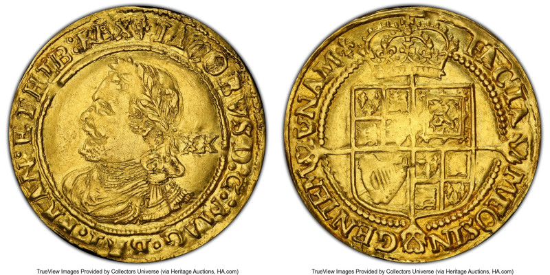 James I gold Laurel ND (1623-1624) AU58 PCGS, Tower mint, Lis mm, Third Coinage,...