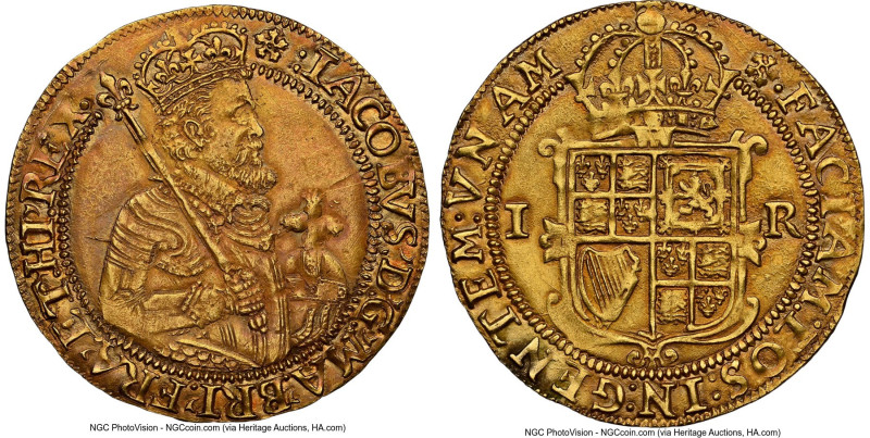 James I gold Unite ND (1613-1615) AU55 NGC, London mint, Pierced Cinquefoil mm, ...