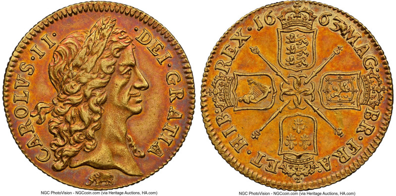 Charles II gold Guinea 1663 AU Details (Reverse Scratched) NGC, KM420.2, Fr-288,...