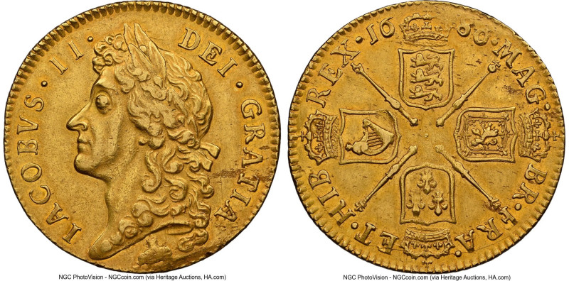 James II gold "Elephant and Castle" Guinea 1686 AU Details (Cleaned) NGC, KM453....