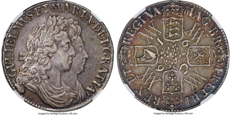 William & Mary Crown 1692/2 AU53 NGC, KM478, S-3433. QVINTO edge. 2 over inverte...