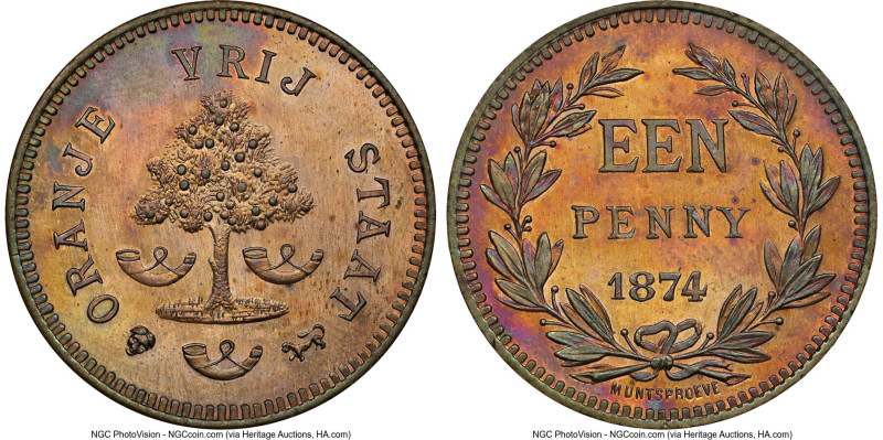 Orange Free State. Republic bronze Pattern Penny 1874 MS65 Brown NGC, Brussels m...