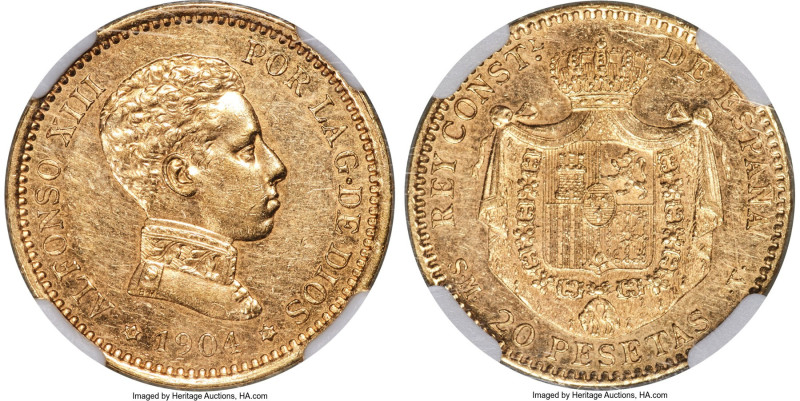 Alfonso XIII gold 20 Pesetas 1904 (04) SM-V MS61 NGC, Madrid mint, KM724, Fr-349...