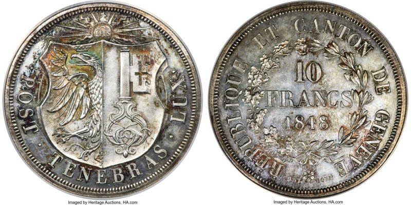 Geneva. Canton 10 Francs 1848 MS63 NGC, KM138, Dav-374, HMZ-2-363a. Mintage: 385...