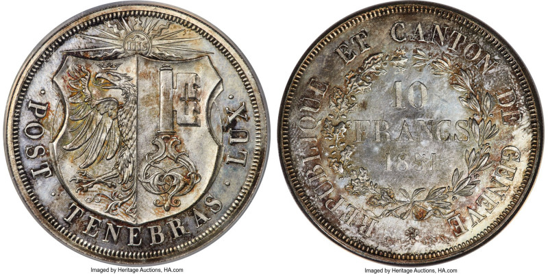 Geneva. Canton 10 Francs 1851 MS63 NGC, KM138, Häb-4, Richter-571a. Mintage: 1,0...