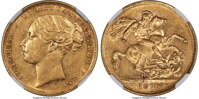 Victoria gold Sovereign 1879 AU58 NGC, KM752, Fr-388a, S-3856A. A near-Mint Stat...