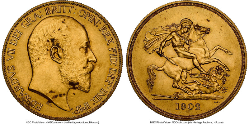 Edward VII gold Matte Proof 5 Pounds 1902 PR61 NGC, KM807, S-3966. The only Five...