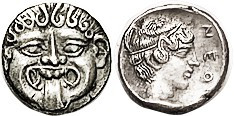 NEAPOLIS (Macedon), Hemidrachm, 424-350 BC, Facing Gorgon head/Nymph head r, lgn...