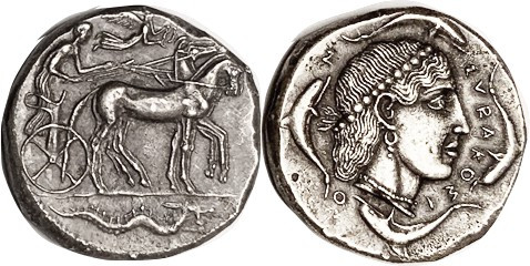 SYRACUSE, Tet, 466-405 BC, Chariot r, serpent/Arethusa head r, dolphins; COPY, s...