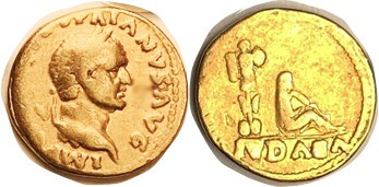 Vespasian, Aureus, IVDAEA, Jewess std r, beside trophy; 7.19 g; H-6492 (1464); F...