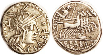 Q. Fabius Labeo, 124 BC, Den, Cr.273/1, Sy.532, Roma head r/Jupiter in quadriga ...