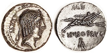 L. Calpurnius Piso Frugi, 90 BC, Den, Cr.340/1, Sy.662; Apollo hd r, LXXVI behin...