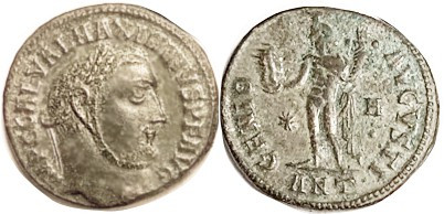 MAXIMINUS II, As Aug., Reduced Follis, GENIO AVGVSTI, Genius stg hldg Sol bust, ...