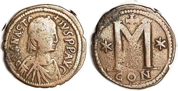 ANASTASIUS I, Follis, Large module, 36 mm, S19, officina unstruck, otherwise qui...