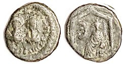 JUSTIN & JUSTINIAN, 5N, S-133, 2 busts/Tyche in shrine; F/VF, obv somewhat off-c...