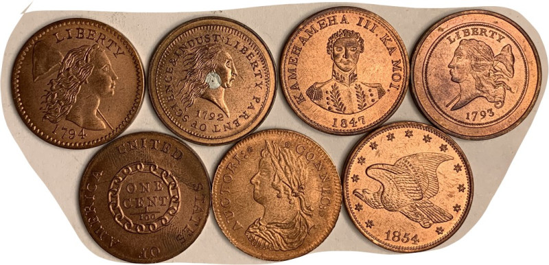 UNITED STATES, 7 diff Patrick Mint copper tokens, all 27 mm, with obvs of Conn C...