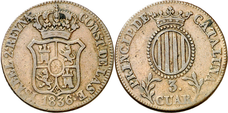 1836. Isabel II. Barcelona. 3 cuartos. (AC. 4). 7 g. MBC-/MBC.