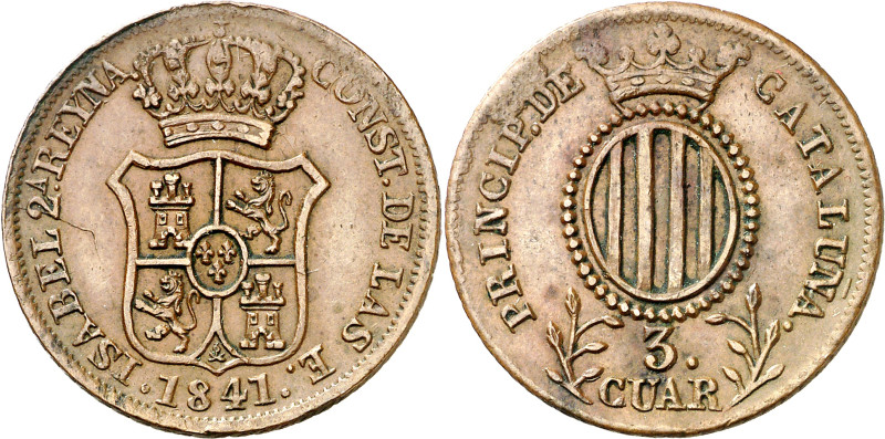 1841. Isabel II. Barcelona. 3 cuartos. (AC. 9). 6,75 g. MBC+.