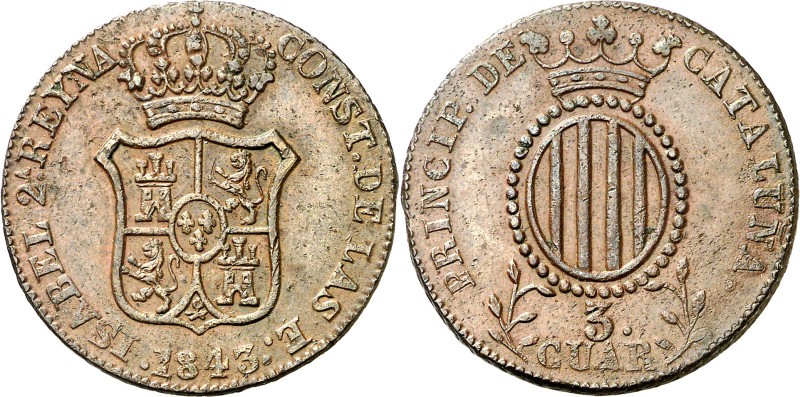 1843. Isabel II. Barcelona. 3 cuartos. (AC. 10). 7,42 g. MBC+.