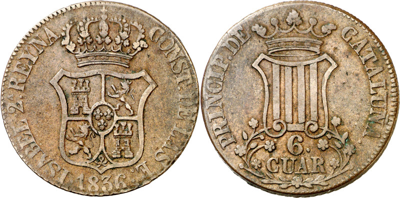 1836. Isabel II. Barcelona. 6 cuartos. (AC. 15). 6 CUAR. Escasa. 14,73 g. MBC-.