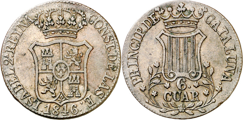 1846. Isabel II. Barcelona. 6 cuartos. (AC. 30). Flores de 5 pétalos. 13,31 g. M...