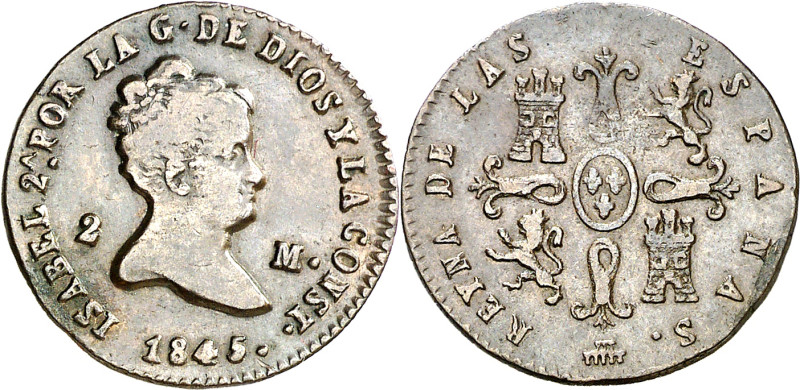 1845. Isabel II. Segovia. 2 maravedís. (AC. 57). 2,11 g. BC+.