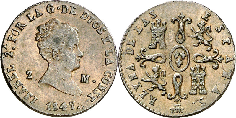 1847. Isabel II. Segovia. 2 maravedís. (AC. 59). 2,11 g. MBC-/MBC.