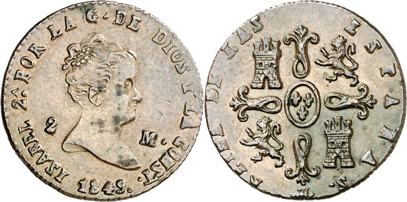 1849. Isabel II. Segovia. 2 maravedís. (AC. 61). 2,30 g. MBC+/EBC-.