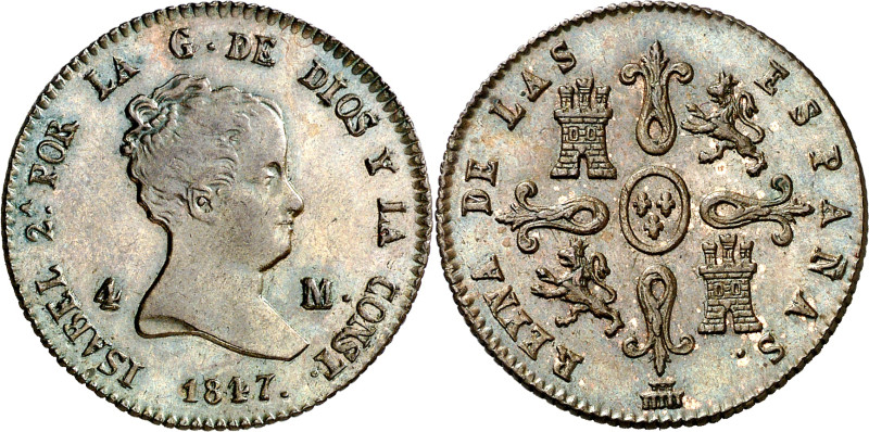 1847. Isabel II. Segovia. 4 maravedís. (AC. 90). Bella. 5,10 g. EBC/EBC+.