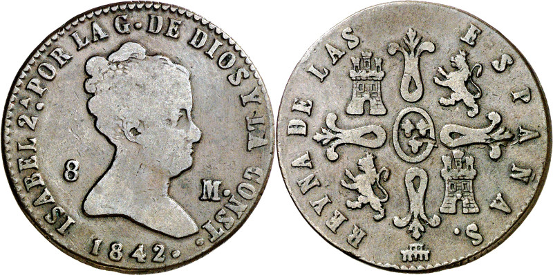 1842. Isabel II. Segovia. 8 maravedís. (AC. 128). 10,54 g. BC/BC+.