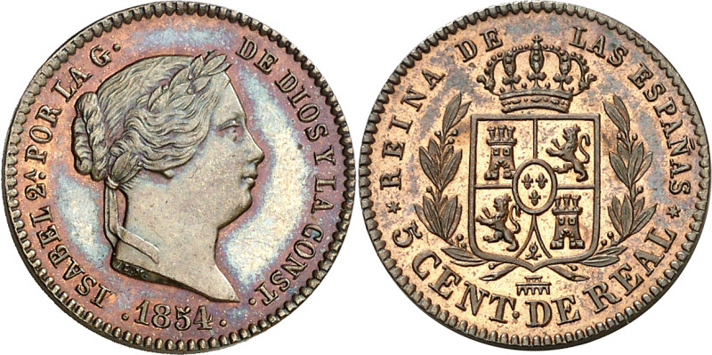 1854. Isabel II. Segovia. 5 céntimos de real. (AC. 159). Brillo original. Muy be...