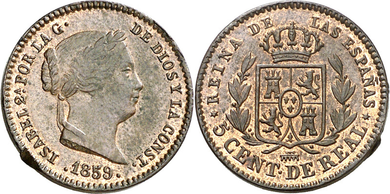 1859. Isabel II. Segovia. 5 céntimos de real. (AC. 164). Parte de brillo origina...