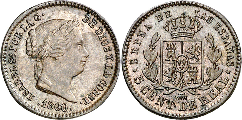 1860. Isabel II. Segovia. 5 céntimos de real. (AC. 165). 1,82 g. EBC.