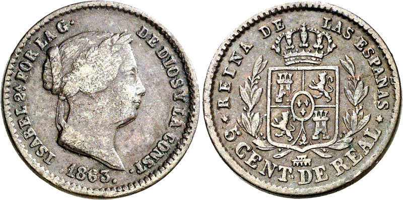 1863. Isabel II. Segovia. 5 céntimos de real. (AC. 168). 1,89 g. BC+/MBC-.