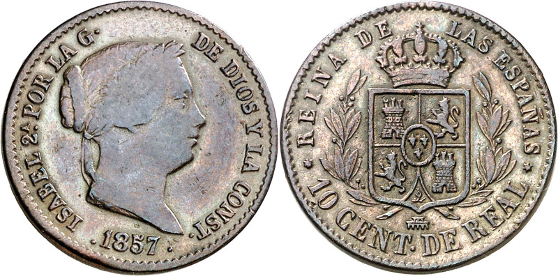 1857. Isabel II. Segovia. 10 céntimos de real. (AC. 173). 3,54 g. BC+/MBC-.